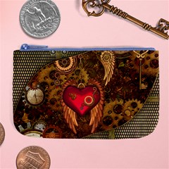 Steampunk Golden Design, Heart With Wings, Clocks And Gears Large Coin Purse by FantasyWorld7