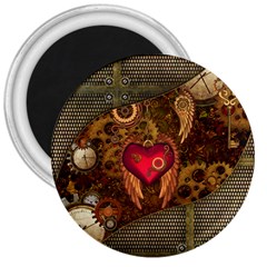 Steampunk Golden Design, Heart With Wings, Clocks And Gears 3  Magnets by FantasyWorld7