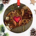 Steampunk Golden Design, Heart With Wings, Clocks And Gears Ornament (Round) Front