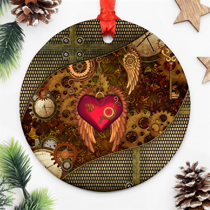 Steampunk Golden Design, Heart With Wings, Clocks And Gears Ornament (Round)