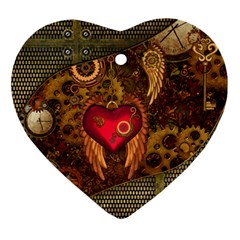 Steampunk Golden Design, Heart With Wings, Clocks And Gears Ornament (heart) by FantasyWorld7