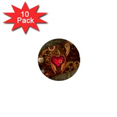 Steampunk Golden Design, Heart With Wings, Clocks And Gears 1  Mini Buttons (10 Pack)  by FantasyWorld7