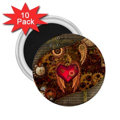 Steampunk Golden Design, Heart With Wings, Clocks And Gears 2 25  Magnets (10 Pack)  by FantasyWorld7