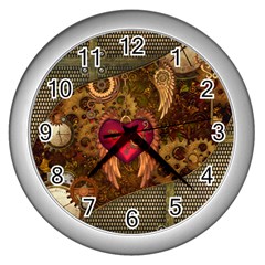 Steampunk Golden Design, Heart With Wings, Clocks And Gears Wall Clocks (silver)  by FantasyWorld7