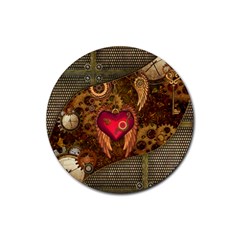 Steampunk Golden Design, Heart With Wings, Clocks And Gears Rubber Coaster (round)  by FantasyWorld7