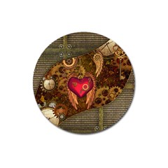 Steampunk Golden Design, Heart With Wings, Clocks And Gears Magnet 3  (round) by FantasyWorld7