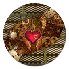 Steampunk Golden Design, Heart With Wings, Clocks And Gears Magnet 5  (round) by FantasyWorld7