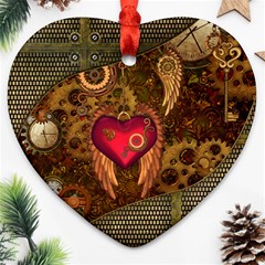 Steampunk Golden Design, Heart With Wings, Clocks And Gears Heart Ornament (two Sides) by FantasyWorld7