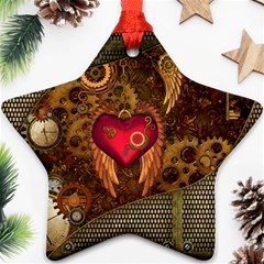 Steampunk Golden Design, Heart With Wings, Clocks And Gears Star Ornament (two Sides) by FantasyWorld7