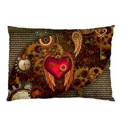 Steampunk Golden Design, Heart With Wings, Clocks And Gears Pillow Case by FantasyWorld7