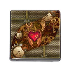 Steampunk Golden Design, Heart With Wings, Clocks And Gears Memory Card Reader (square) by FantasyWorld7