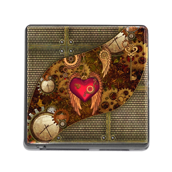 Steampunk Golden Design, Heart With Wings, Clocks And Gears Memory Card Reader (Square)