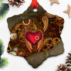 Steampunk Golden Design, Heart With Wings, Clocks And Gears Ornament (snowflake) by FantasyWorld7