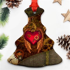 Steampunk Golden Design, Heart With Wings, Clocks And Gears Christmas Tree Ornament (two Sides) by FantasyWorld7