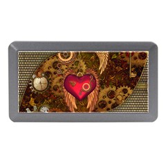 Steampunk Golden Design, Heart With Wings, Clocks And Gears Memory Card Reader (mini) by FantasyWorld7