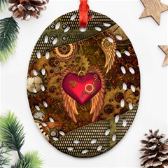 Steampunk Golden Design, Heart With Wings, Clocks And Gears Ornament (oval Filigree) by FantasyWorld7