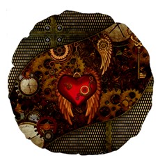 Steampunk Golden Design, Heart With Wings, Clocks And Gears Large 18  Premium Round Cushions by FantasyWorld7