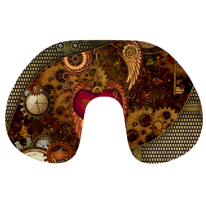 Steampunk Golden Design, Heart With Wings, Clocks And Gears Travel Neck Pillows