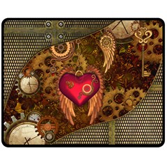 Steampunk Golden Design, Heart With Wings, Clocks And Gears Double Sided Fleece Blanket (medium)  by FantasyWorld7