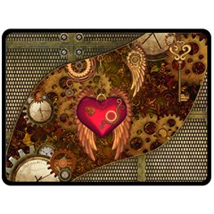 Steampunk Golden Design, Heart With Wings, Clocks And Gears Double Sided Fleece Blanket (large)  by FantasyWorld7