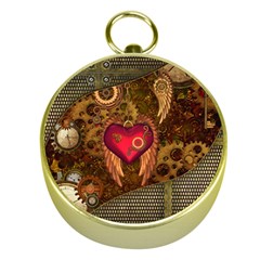 Steampunk Golden Design, Heart With Wings, Clocks And Gears Gold Compasses by FantasyWorld7