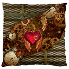 Steampunk Golden Design, Heart With Wings, Clocks And Gears Large Flano Cushion Case (one Side) by FantasyWorld7