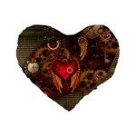 Steampunk Golden Design, Heart With Wings, Clocks And Gears Standard 16  Premium Flano Heart Shape Cushions Front