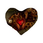 Steampunk Golden Design, Heart With Wings, Clocks And Gears Standard 16  Premium Flano Heart Shape Cushions Back