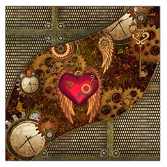 Steampunk Golden Design, Heart With Wings, Clocks And Gears Large Satin Scarf (square) by FantasyWorld7