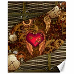 Steampunk Golden Design, Heart With Wings, Clocks And Gears Canvas 16  X 20   by FantasyWorld7