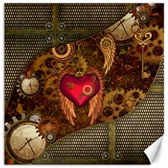 Steampunk Golden Design, Heart With Wings, Clocks And Gears Canvas 20  X 20   by FantasyWorld7