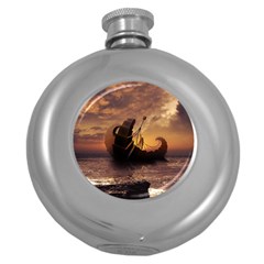 Steampunk Fractalscape, A Ship For All Destinations Round Hip Flask (5 Oz) by jayaprime