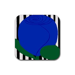 Blue Flower Leaf Black White Striped Rose Rubber Coaster (square) 