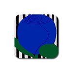 Blue Flower Leaf Black White Striped Rose Rubber Square Coaster (4 pack)  Front