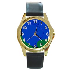 Blue Flower Leaf Black White Striped Rose Round Gold Metal Watch by Mariart