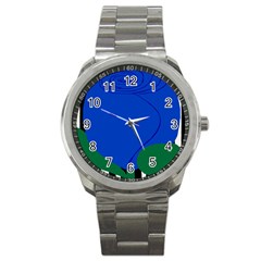 Blue Flower Leaf Black White Striped Rose Sport Metal Watch by Mariart