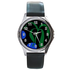 Flower Green Blue Polka Dots Round Metal Watch