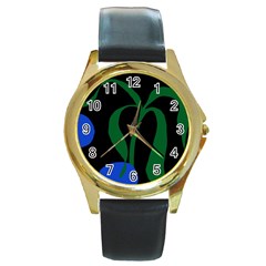 Flower Green Blue Polka Dots Round Gold Metal Watch