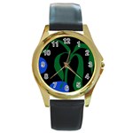 Flower Green Blue Polka Dots Round Gold Metal Watch Front