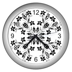 Floral Element Black White Wall Clocks (silver)  by Mariart