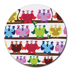 Funny Owls Sitting On A Branch Pattern Postcard Rainbow Round Mousepads by Mariart