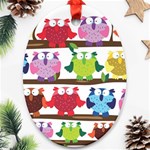 Funny Owls Sitting On A Branch Pattern Postcard Rainbow Ornament (Oval) Front