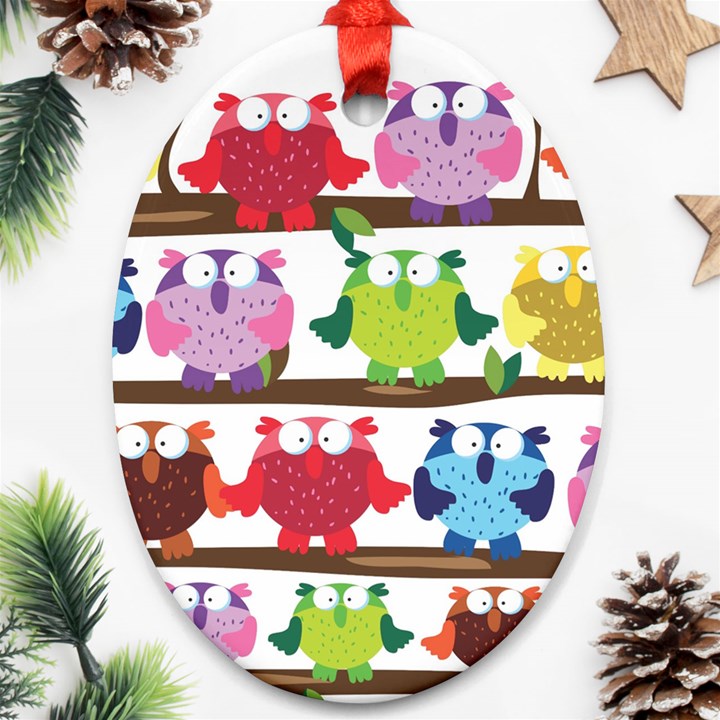 Funny Owls Sitting On A Branch Pattern Postcard Rainbow Ornament (Oval)