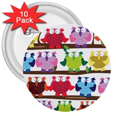 Funny Owls Sitting On A Branch Pattern Postcard Rainbow 3  Buttons (10 Pack)  by Mariart