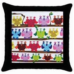 Funny Owls Sitting On A Branch Pattern Postcard Rainbow Throw Pillow Case (Black)