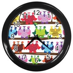 Funny Owls Sitting On A Branch Pattern Postcard Rainbow Wall Clocks (Black)