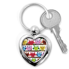 Funny Owls Sitting On A Branch Pattern Postcard Rainbow Key Chains (heart) 