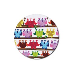 Funny Owls Sitting On A Branch Pattern Postcard Rainbow Rubber Coaster (round)  by Mariart