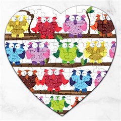 Funny Owls Sitting On A Branch Pattern Postcard Rainbow Jigsaw Puzzle (Heart)