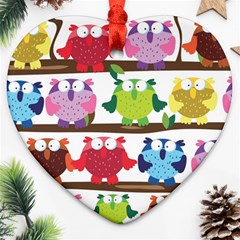 Funny Owls Sitting On A Branch Pattern Postcard Rainbow Heart Ornament (Two Sides)